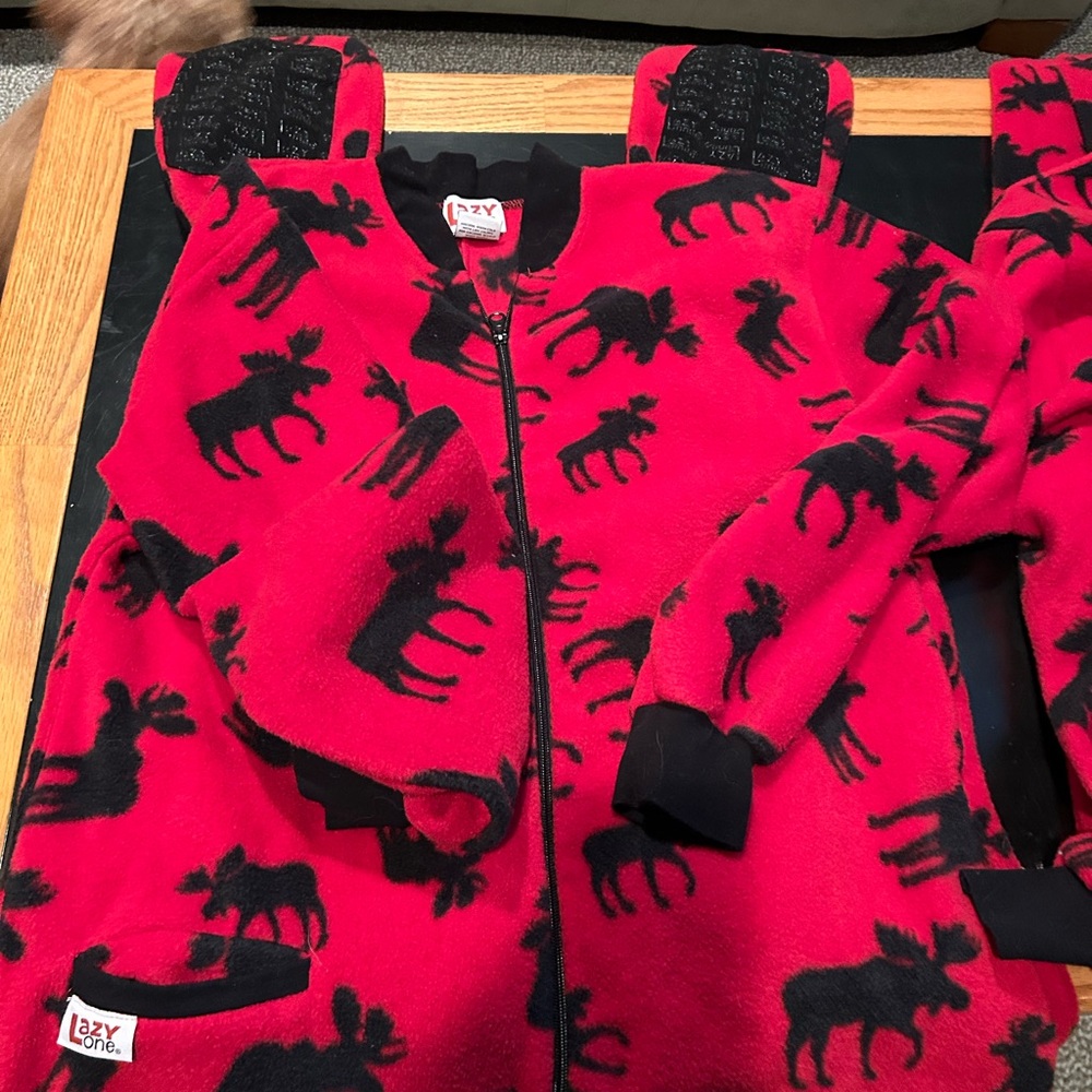 Two Matching PJs ‘Lazy One Fleece Onesie’, Moose Print, Size M & L Drop Seat